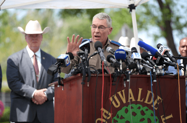 Texas Department of Public Safety Director Steve McCraw speaks during a press conference in Uvalde, Texas, on May 27, 2022. (Charlotte Cuthbertson/The Epoch Times)