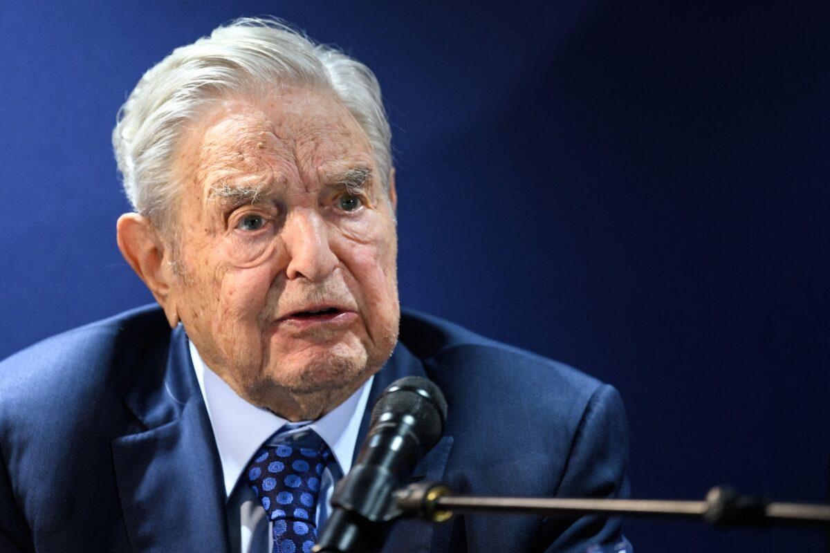 George Soros answers to questions after delivering a speech on the sidelines of the World Economic Forum (WEF) annual meeting in Davos on May 24, 2022. (Fabrice Coffrini/AFP via Getty Images)