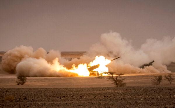 US M142 High Mobility Artillery Rocket System (HIMARS) launchers fire salvoes during a military exercise in the Grier Labouihi region, in Morocco, on June 9, 2021. (Fadel Senna/AFP/Getty Images)
