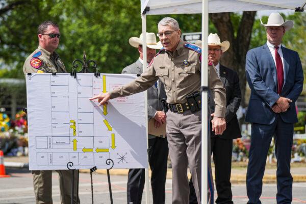 Texas Department of Public Safety Director Steve McCraw provides an update on details of the May 24 mass shooting in which 19 children and two adults were killed at Robb Elementary School, in Uvalde, Texas, on May 27, 2022. (Charlotte Cuthbertson/The Epoch Times)