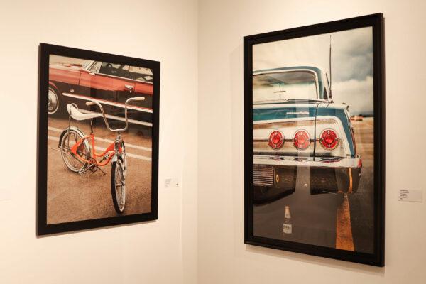 Santa Ana, Calif., photographer Aaron Moctezuma's works featuring vibrant custom cars are on display in the “Made in California” art exhibit at Brea Art Gallery in Brea, Calif., on May 26, 2022. (Julianne Foster/The Epoch Times)