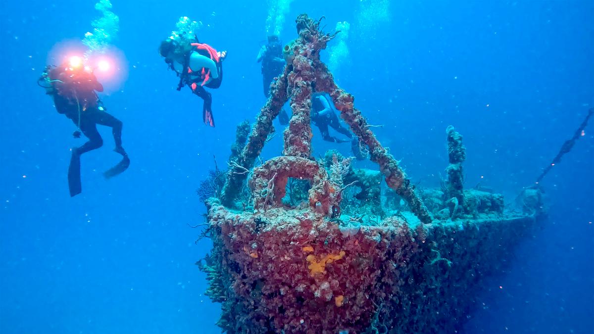 On May 15, divers swam near the bow of the retired naval landing ship dock Spiegel Grove, sunk 20 years earlier, 6 miles off Key Largo, Florida, to become an artificial reef. (Frazier Nivens/Florida Keys News Bureau via AP)