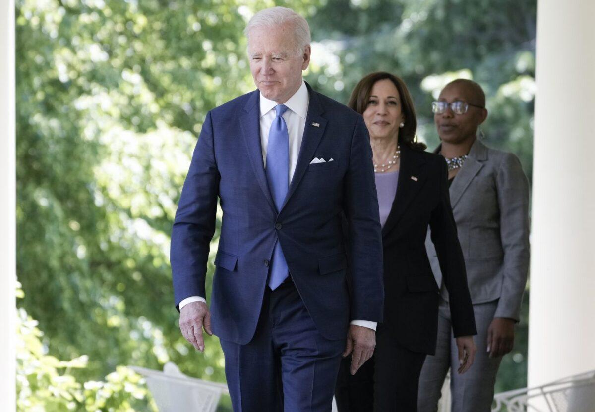 President Joe Biden and Vice President Kamala Harris walk to the Rose Garden of the White House in Washington on May 9, 2022. (Angerer/Getty Images)