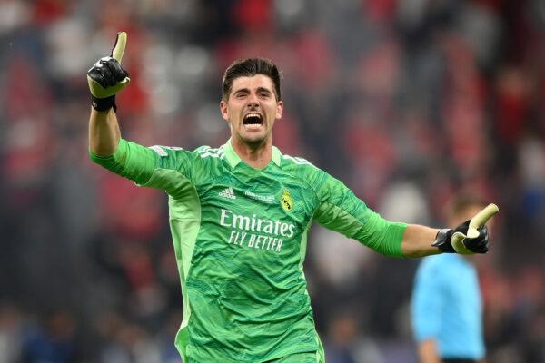 Thibaut Courtois of Real Madrid celebrates following their side's victory in the UEFA Champions League final match between Liverpool FC and Real Madrid at Stade de France, in Paris, on May 28, 2022. (Shaun Botterill/Getty Images)