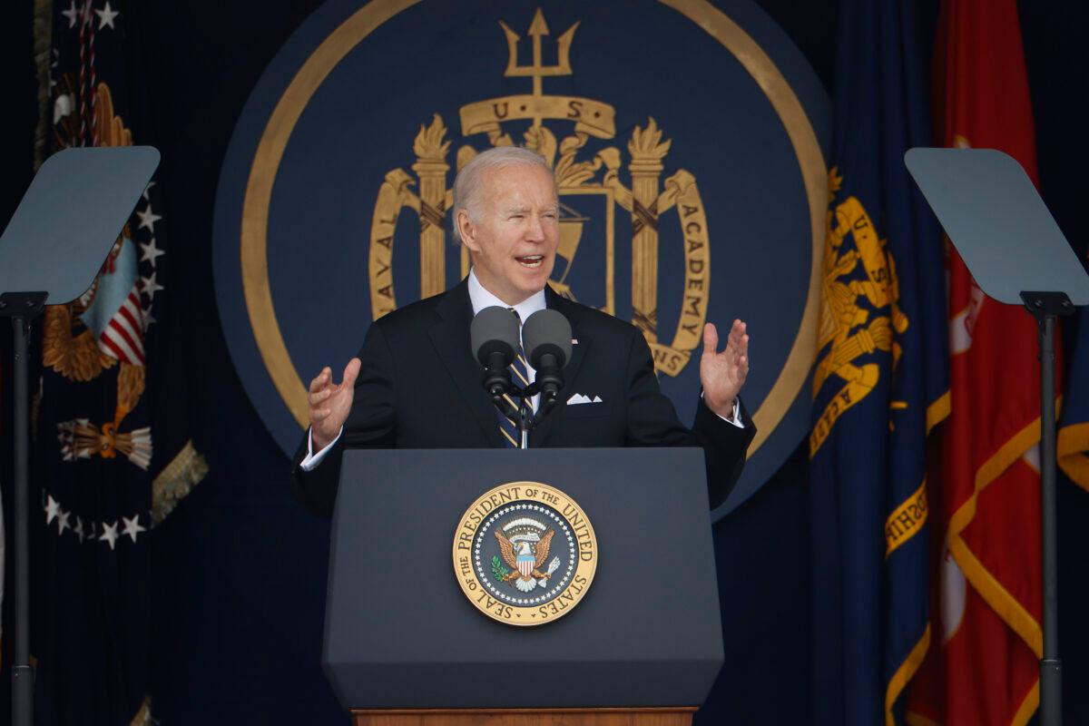 President Joe Biden delivers the commencement address during the graduation and commissioning ceremony at the U.S. Naval Academy Memorial Stadium in Annapolis, Md., on May 27, 2022. (Chip Somodevilla/Getty Images)