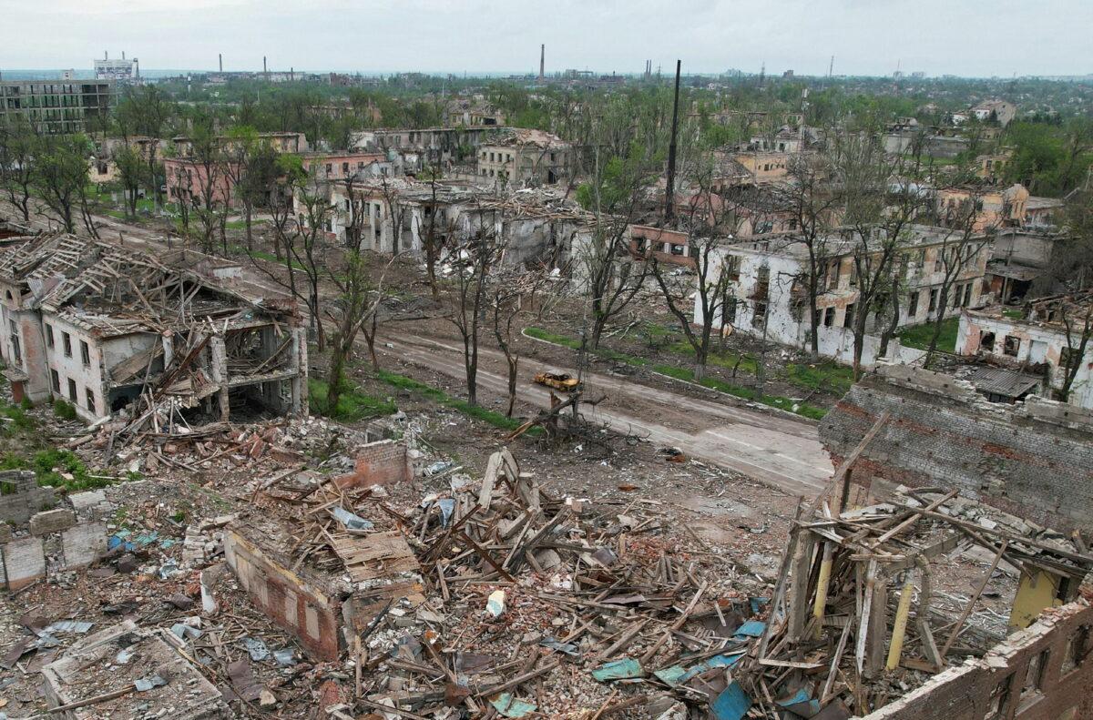 A view shows destroyed buildings located near Azovstal Iron and Steel Works, during Ukraine-Russia conflict in the southern port city of Mariupol, Ukraine May 22, 2022. Picture taken with a drone. REUTERS/Pavel Klimov