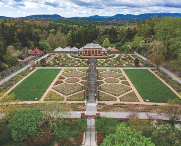An aerial view of the Walled Garden, with the Blue Ridge Mountains in the distance. (Courtesy of The Biltmore Company)