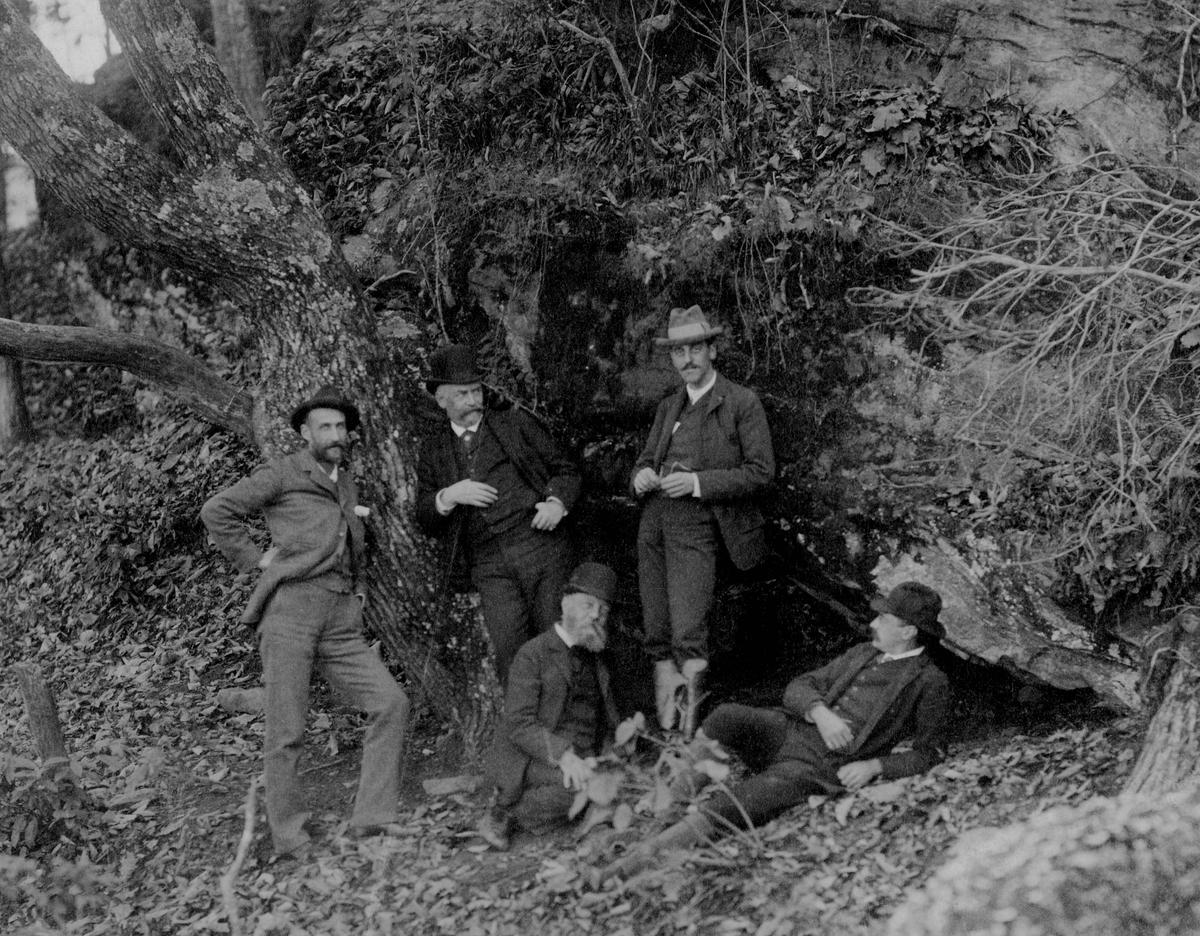 In an 1892 photo, (L to R) purchasing agent and agricultural consultant Edward Burnett, architect Richard Morris Hunt, landscape architect Frederick Law Olmsted, George Washington Vanderbilt, and architect Richard Howland Hunt, son of Richard Morris Hunt. (Courtesy of The Biltmore Company)