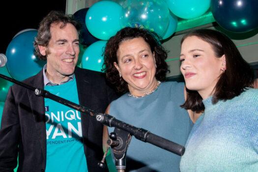 Dr. Monique Ryan poses with her family after her victory speech at the Auburn Hotel in Melbourne, Australia, on May 21, 2022. (Sam Tabone/Getty Images)