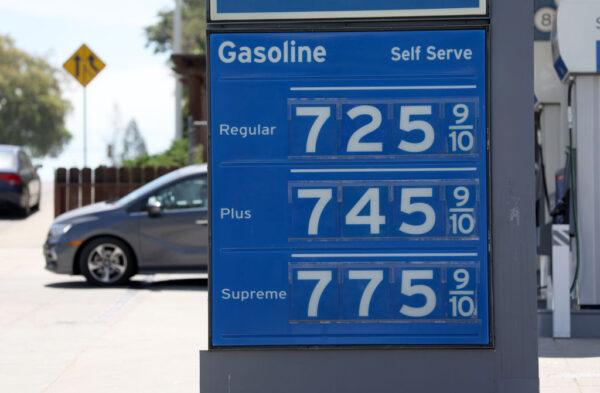 Gas prices at more than $7 per gallon are displayed at a Chevron gas station on May 25, 2022, in Menlo Park, Calif. As gas prices surge to record highs across the United States, the San Francisco Bay Area has the highest prices in the country, where the average price of a gallon of regular gasoline is $6.06. The average national price is $4.59 per gallon. (Justin Sullivan/Getty Images)