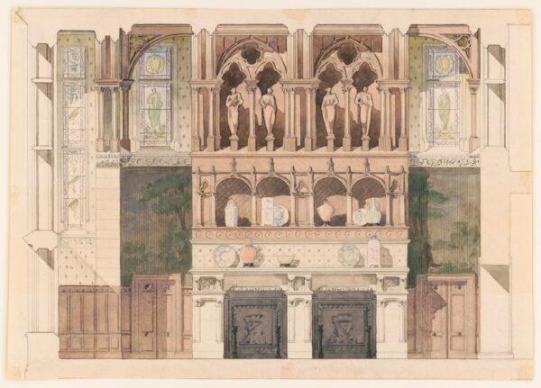 The design for double fireplaces and their overmantels by Richard Morris Hunt, circa 1880. Watercolor and graphite. (Public Domain)