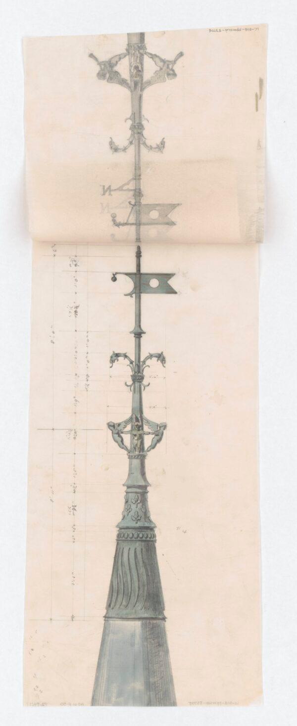 The design for a roof tower spire by Richard Morris Hunt, circa 1880. Watercolor and graphite on tracing paper. (Public Domain)