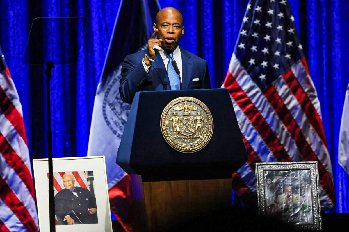 New York City Mayor Eric Adams gives a speech at Kings Theatre, in the Flatbush neighborhood of the Brooklyn borough in New York on April 26, 2022. (Michael M. Santiago/Getty Images)
