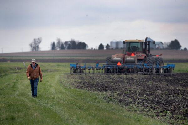 A farmer puts fertilizer in the ground before planting near Dwight, Ill., on April 23, 2020. (Scott Olson/Getty Images)