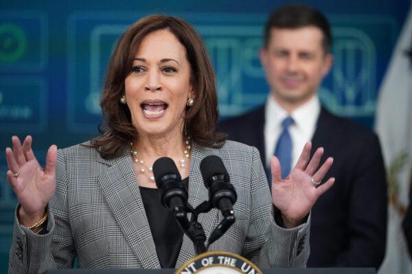  U.S. Vice President Kamala Harris speaks on the administration's American Rescue Plan and Bipartisan Infrastructure Law investments from the South Court Auditorium of the Eisenhower Executive Office Building, in Washington, on March 7, 2022. (Mandel Ngan/AFP via Getty Images)