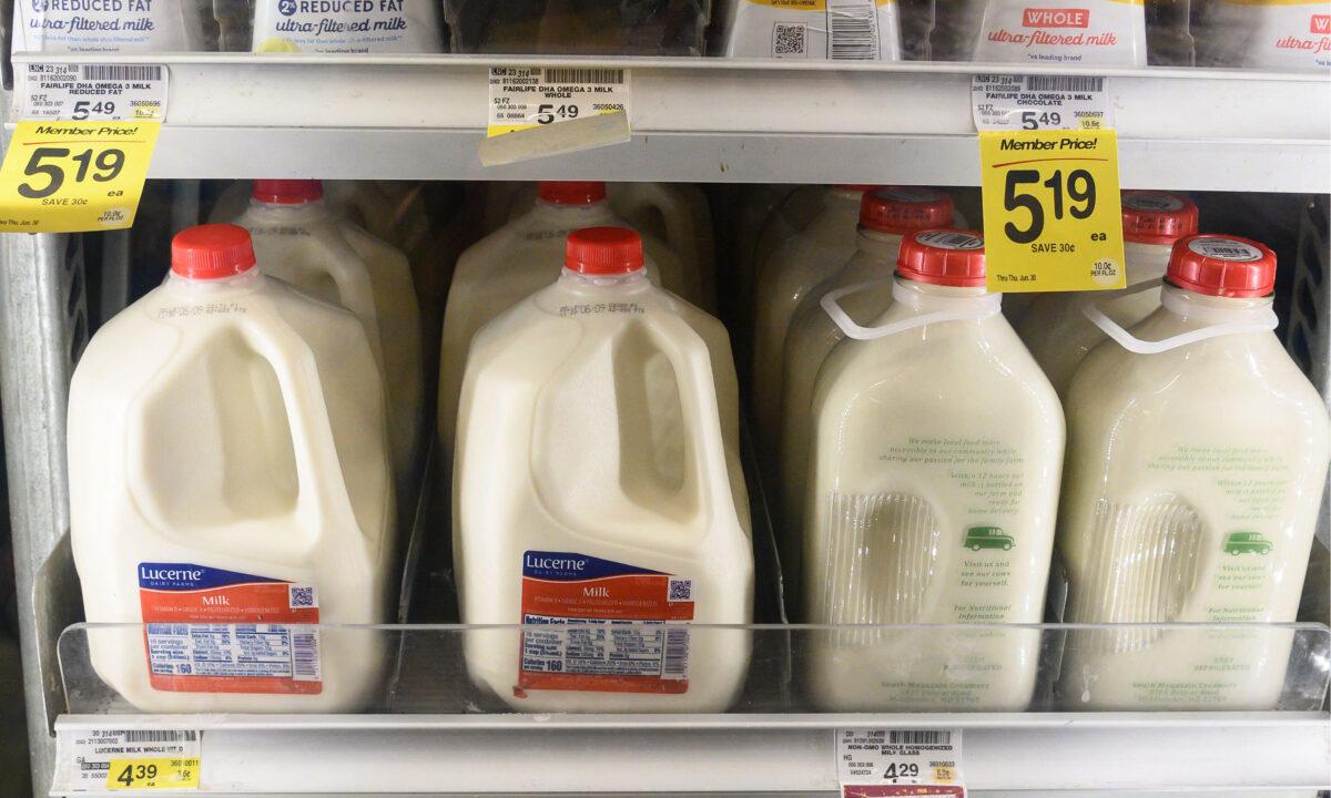 Milk prices are displayed in a supermarket in Washington on May 26, 2022. (Nicholas Kamm/AFP via Getty Images)