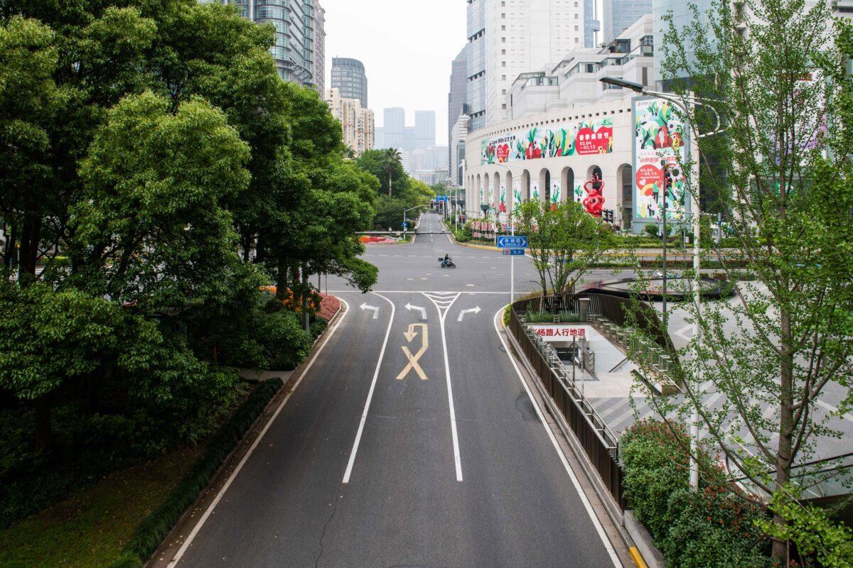 A deserted street during a COVID-19 lockdown in the Pudong district of Shanghai, China, on May 30, 2022. (Liu Jin/AFP via Getty Images)