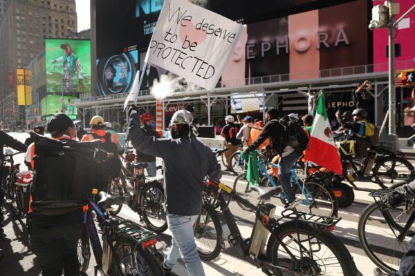 Hundreds of delivery workers protest a surge in the thefts of their bicycles on Oct. 15, 2020, in New York. (Spencer Platt/Getty Images)