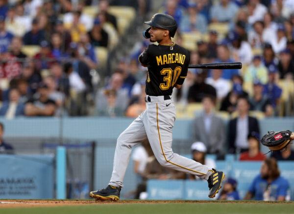 Tucupita Marcano #30 of the Pittsburgh Pirates hits a three run homerun, to take a 3-0 lead over the Los Angeles Dodgers, during the second inning at Dodger Stadium, in Los Angeles, on May 30, 2022. (Harry How/Getty Images)