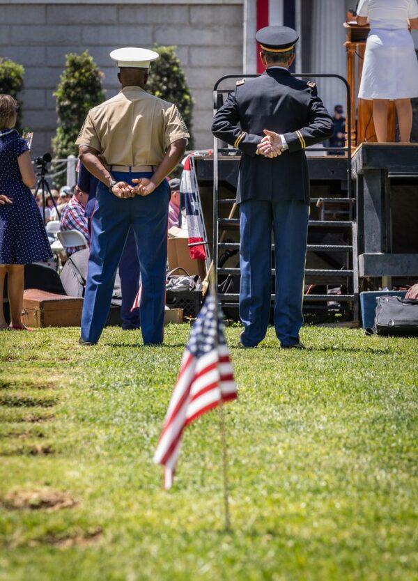 Servicemen stand during the annual Memorial Day Service at Fairhaven Memorial Park in Santa Ana, Calif., on May 30, 2022. (John Fredricks/The Epoch Times)