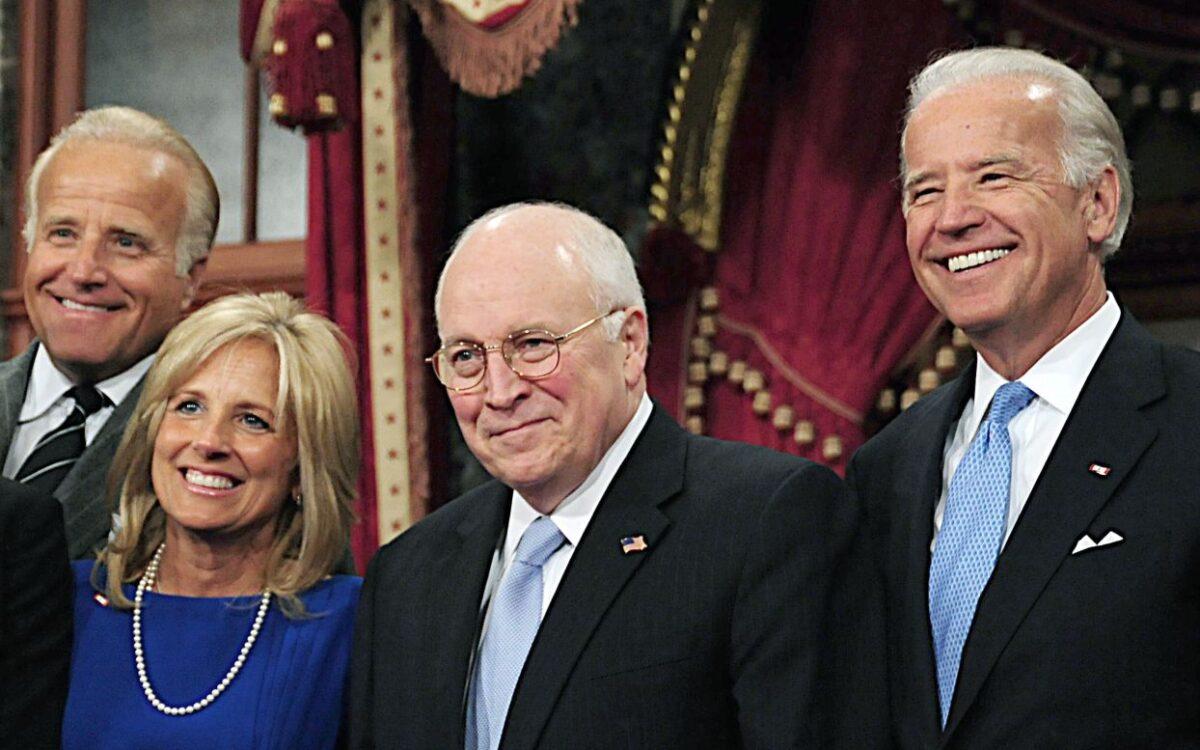 Joe Biden(R) and his wife Jill (C) and Biden's brother James (2nd-L) pose with former Vice President Dick Cheney during a swearing-in reenactment ceremony at the US Capitol on Jan. 6, 2009, in Washington. (Karen Bleier/AFP via Getty Images)