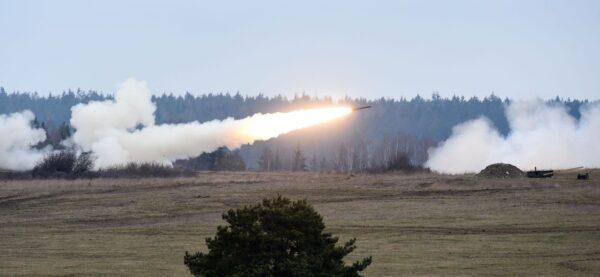 A Multiple Launch Rocket System (MLRS) shoots during an artillery live-fire event by the U.S. Army Europe's 41st Field Artillery Brigade at a military training area in Grafenwoehr, southern Germany, on March 4, 2020. (Christof Stache/AFP via Getty Images)