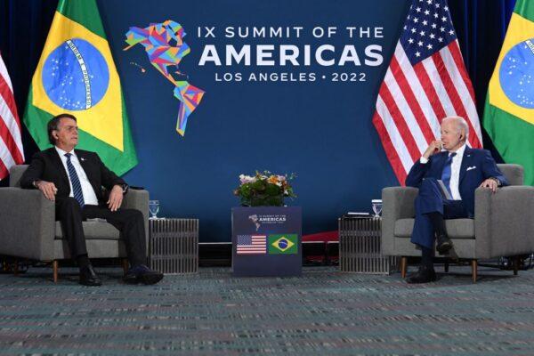 U.S. President Joe Biden (R) and Brazilian President Jair Bolsonaro attend a bilateral meeting at the 9th Summit of the Americas in Los Angeles, Calif., June 9, 2022. (Jim Watson/AFP via Getty Images)