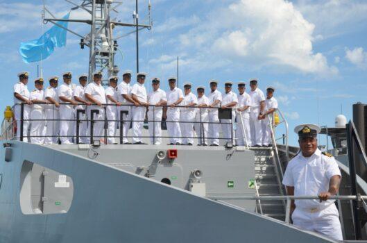 Lieutenant Commander Paulino Yangitesmal, commanding officer and the crew of the FSS Tosiwo Nakayama, the 14th Guardian-class Patrol Boat gifted by the Australian Department of Defence to the Federated States of Micronesia. (Courtesy of Austal Australia).