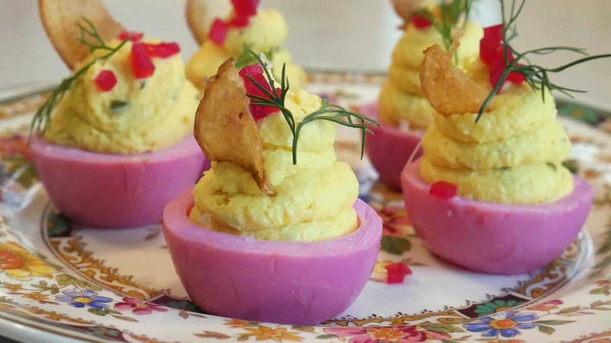 These deviled eggs are in a league of their own. Once you take the time to pickle the beets, you’ll be surprised to see how fast the <a href="https://www.thedailymeal.com/cook/peel-hard-boiled-eggs">boiled and peeled eggs</a> take on a gorgeous, deep pink hue. You can follow the recipe to make your own root vegetable chips for the garnish, but you could also crumble store-bought ones on top to get brunch ready faster. (Jacqui Wedewer/The Daily Meal) <a href="https://www.thedailymeal.com/recipes/drunken-deviled-eggs-pickled-beets-root-chips-recipe">For the Drunken Deviled Eggs With Pickled Beets and Root Chips recipe, click here.</a>