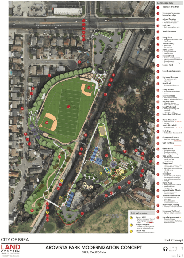 The Arovista Park modernization concept blueprint for renovating Arovista Park in Brea, Calif. (Courtesy of the City of Brea)