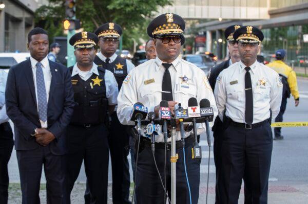 Chicago Police Supt.. David Brown speaks at a news conference in Chicago, on June 1, 2022, following the shooting of a Chicago police officer. (Brian Rich/Chicago Sun-Times via AP)