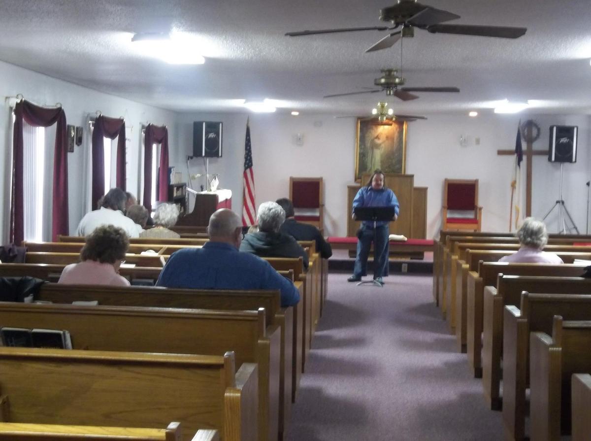Phillips speaking at a church in Missouri. (Courtesy of Jacob Phillips)