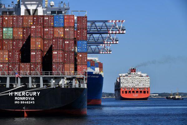 This picture taken shows a cargo ship docking at Port Botany in Sydney, Australia, on May 3, 2022. (Saeed Khan/AFP via Getty Images)