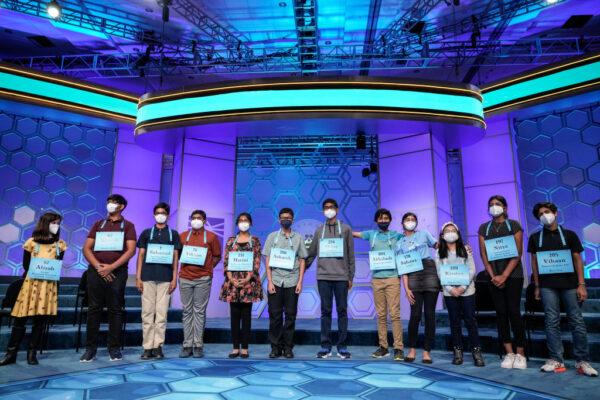 The competitors who made it to the final round stand for a group photo during the Scripps National Spelling Bee at the Gaylord National Harbor Resort in Oxon Hill, Maryland on June 1, 2022. (Drew Angerer/Getty Images)