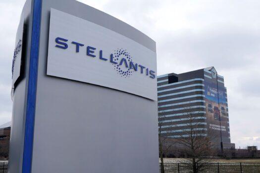 The Stellantis sign outside the Chrysler Technology Center in Auburn Hills, Mich. on Jan. 19, 2021. (Carlos Osorio/AP Photo)