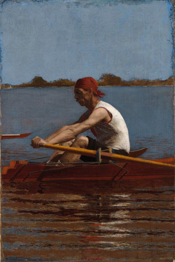 "John Biglin in a Single Scull," 1874, by Thomas Eakins. Oil on canvas; 24 3/8 inches by 16 inches. Whitney Collections of Sporting Art, given in memory of Harry Payne Whitney, B.A. 1894, and Payne Whitney, B.A. 1898, by Francis P. Garvan, B.A. 1897, M.A. (Hon.) 1922. Yale University Art Gallery. (Public Domain)