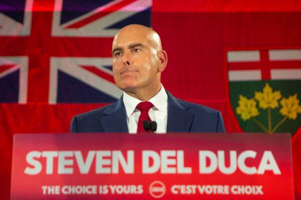 Ontario Liberal Leader Steven Del Duca looks on from the stage after stepping down as party leader on election night in Vaughan, Ont., on June 2, 2022. (The Canadian Press/Chris Young)