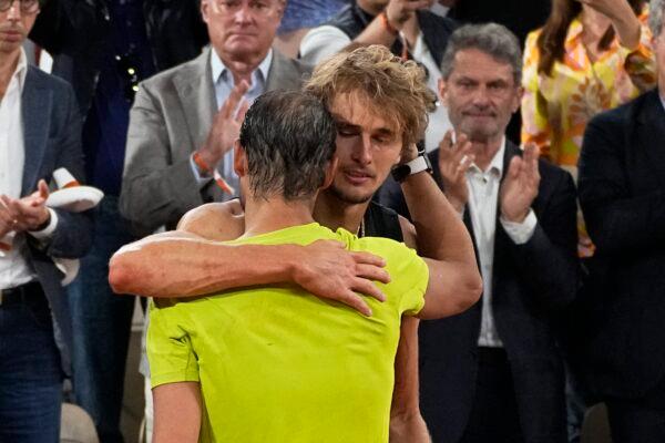 Germany's Alexander Zverev hugs Spain's Rafael Nadal, after their semifinal match of the French Open tennis tournament at the Roland Garros stadium in Paris on June 3, 2022. (Michel Euler/AP Photo)