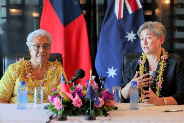 This handout picture released by Australia's Department of Foreign Affairs and Trade on June 2, 2022 shows Australian Minister for Foreign Affairs Penny Wong (R) attending a bilateral meeting with the Prime Minister of Samoa Fiame Naomi Mata'afa in Apia. (Sarah Friend/Courtesy of the Australian Department of Foreign Affairs. (D/AFP via Getty Images)