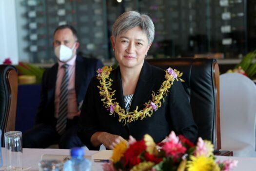 This handout picture, released by Australia's Department of Foreign Affairs and Trade on June 2, 2022, shows Australian Minister for Foreign Affairs Penny Wong attending a bilateral meeting with the Prime Minister of Samoa Fiame Naomi Mata'afa (out of frame) in Apia. (Sarah Friend/Courtesy of Department of Foreign Affairs/AFP via Getty Images)