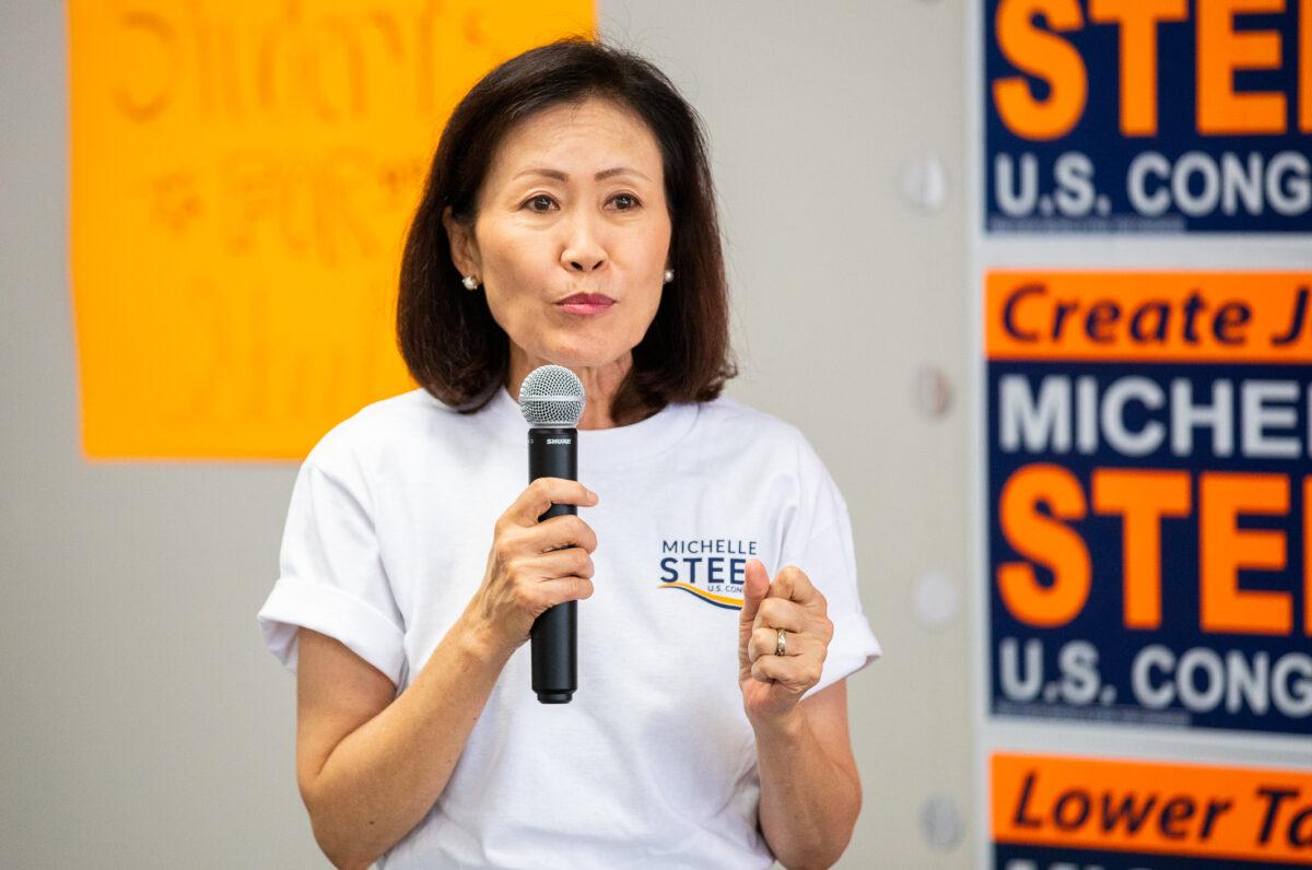 Rep. Michelle Steel (R-Calif.) speaks with a group of team members and supporters in Buena Park, Calif. on June 3, 2022. (John Fredricks/The Epoch Times)