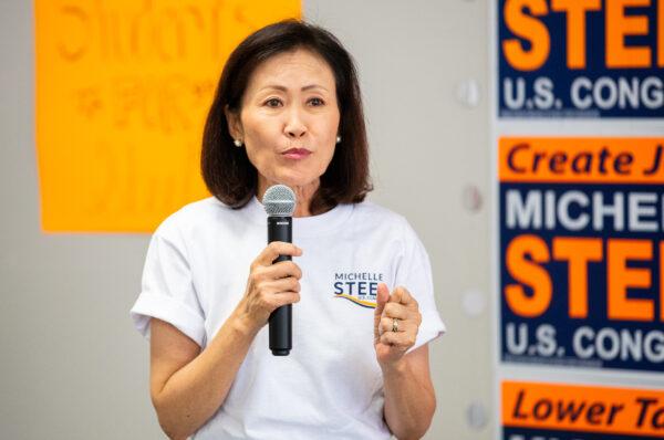 Congresswoman Michelle Steel speaks with a group of team members and supporters in Buena Park, Calif. on June 3, 2022. (John Fredricks/The Epoch Times)