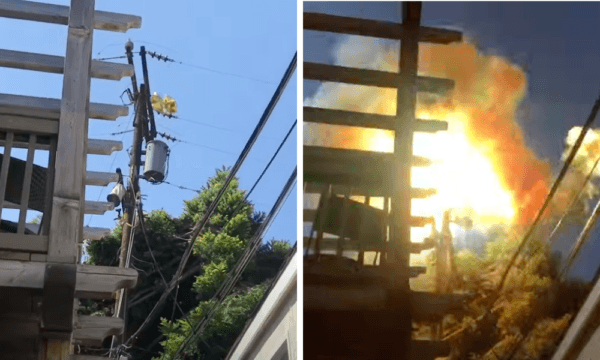 A collage of screenshots taken on June 3, 2022, shows an undated incident of metallic balloon-caused power line explosion. (Screenshot via YouTube/Long Beach Local News)