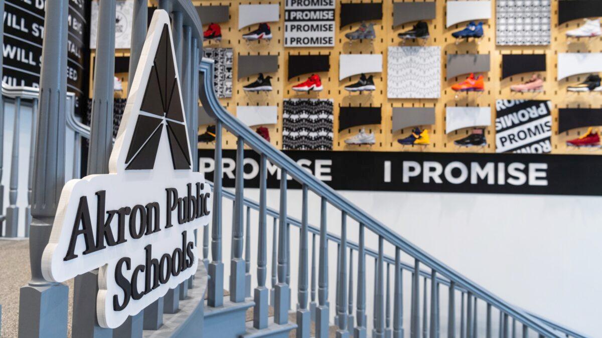 A collection of LeBron James shoes decorate the entrance to the I Promise School in Akron, Ohio, on July 30, 2018. (Jason Miller/Getty Images)