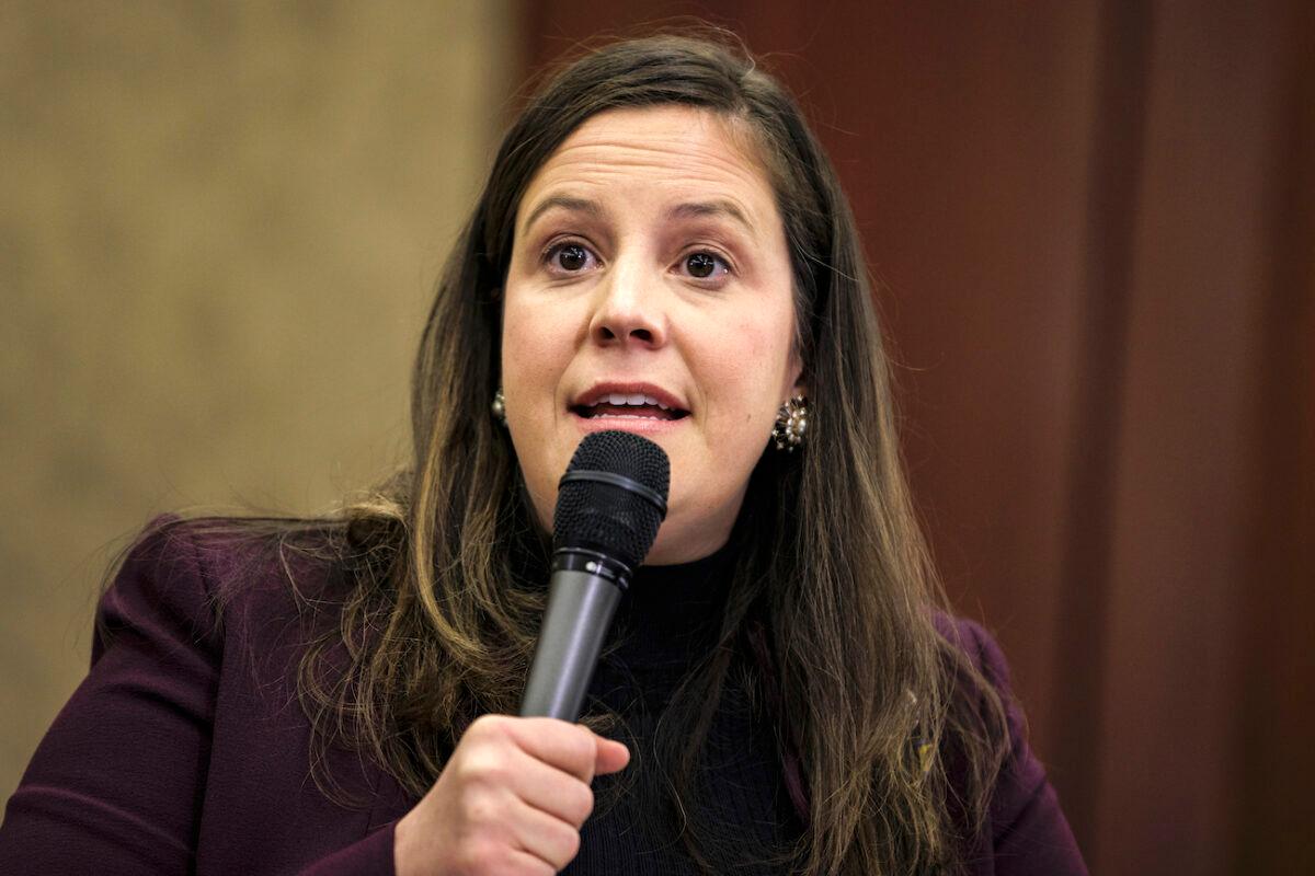 House Republican Conference Chairman Rep. Elise Stefanik (R-N.Y.) speaks during a town hall event in Washington, on March 1, 2022. (Samuel Corum/Getty Images)