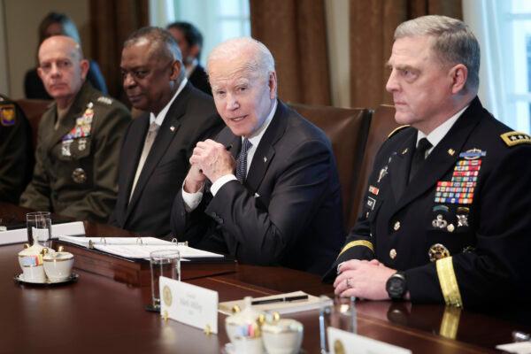 President Joe Biden meets with Secretary of Defense Lloyd Austin (2nd L), Commandant of the Marine Corps Gen. David Berger (L), Chairman of the Joint Chiefs of Staff Gen. Mark Milley (R), members of the Joint Chiefs of Staff, and combatant commanders in the Cabinet Room of the White House on April 20, 2022. (Win McNamee/Getty Images)