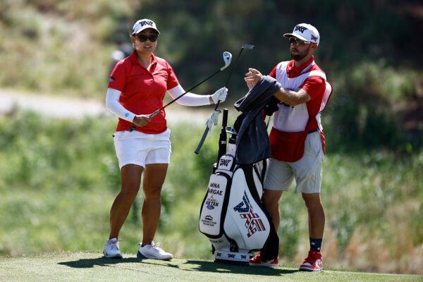 Mina Harigae prepares to putt on the fifth green during the final round of the 77th U.S. Women's Open at Pine Needles Lodge and Golf Club, North Carolina, on June 5, 2022. (Jared C. Tilton/Getty Images)