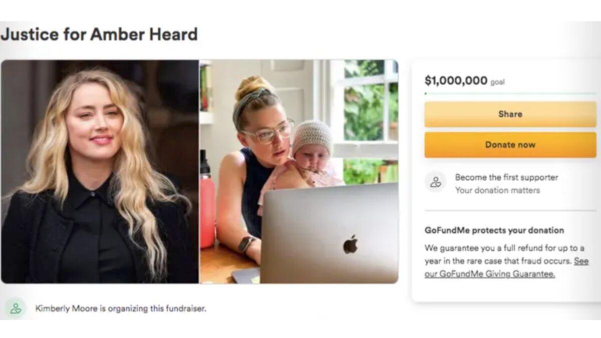 A screenshot of a phony GoFundMe fundraiser set up by Kimberly Moore seeking to raise $1 million to help Amber Heard pay off Johnny Depp after a defamation trial saw Heard owe Depp $8.36 million in damages. (Courtesy of GoFundMe)