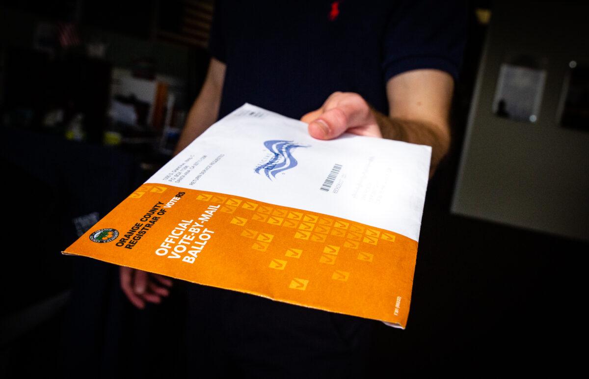 An official vote-by-mail ballot packet in Irvine, Calif., on May 16, 2022. (John Fredricks/The Epoch Times)