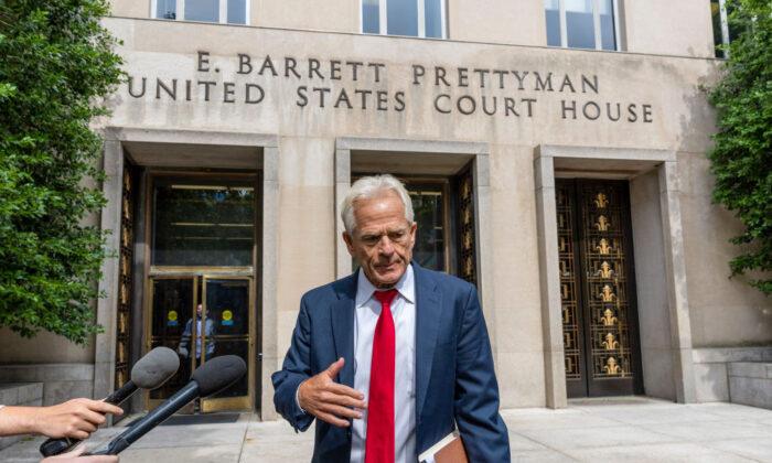 Former White House trade adviser Peter Navarro speaks to the media after his hearing in federal court in Washington on June 3, 2022. (Tasos Katopodis/Getty Images)